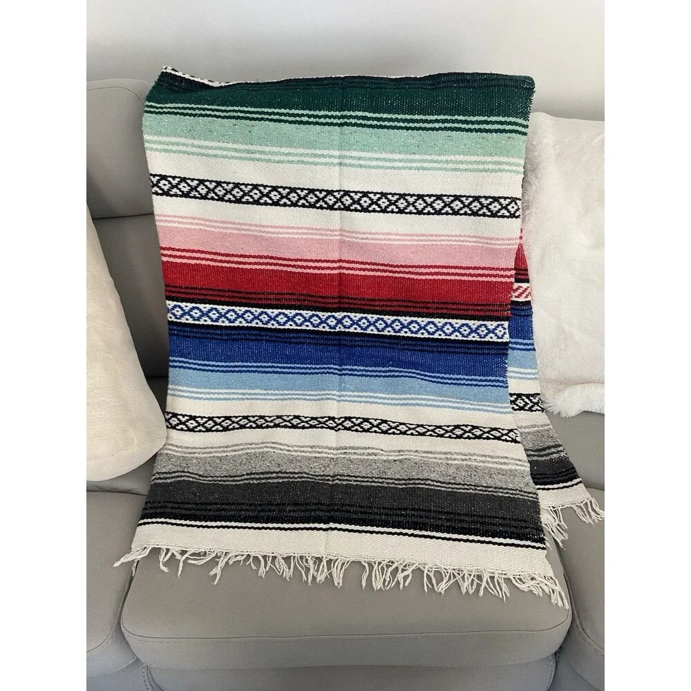 Mexican Serape Falsa Blanket Throw Southwestern Striped Fringe Yoga Boho 78x58